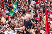 O ex-presidente Lula em ato no Sindicato dos Metalúrgicos do ABC